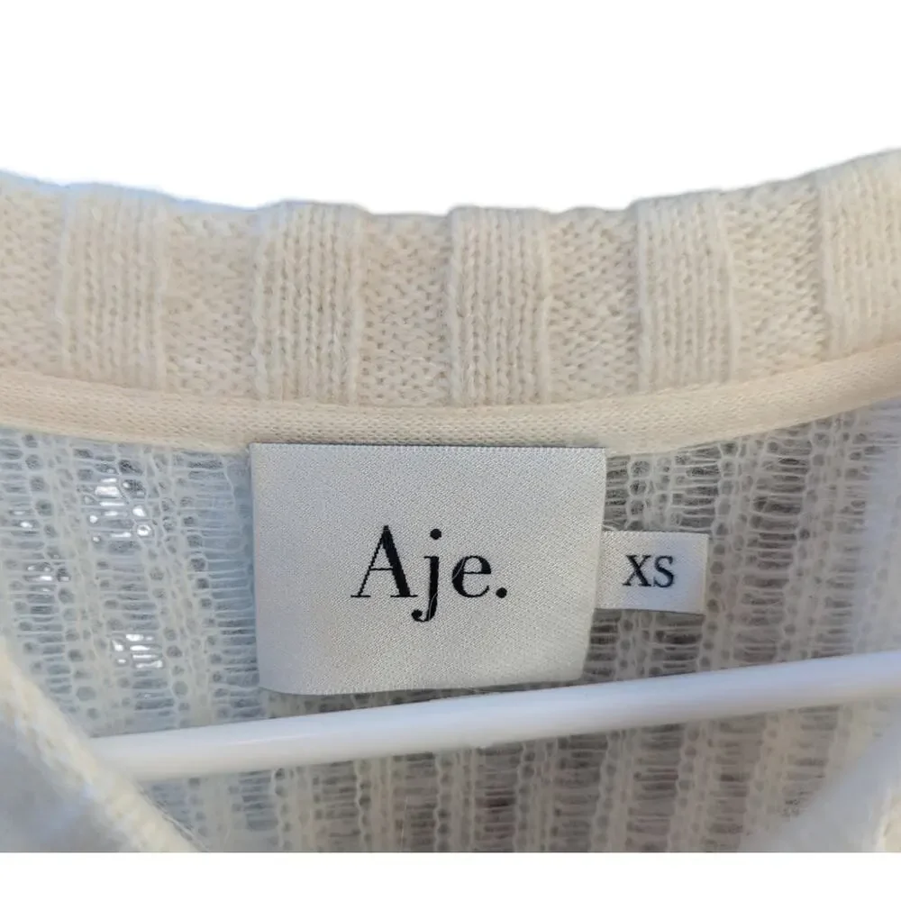 Aje Alpaca Wool Ruffle Sleeve White Sweater XS Designer Statement Knit